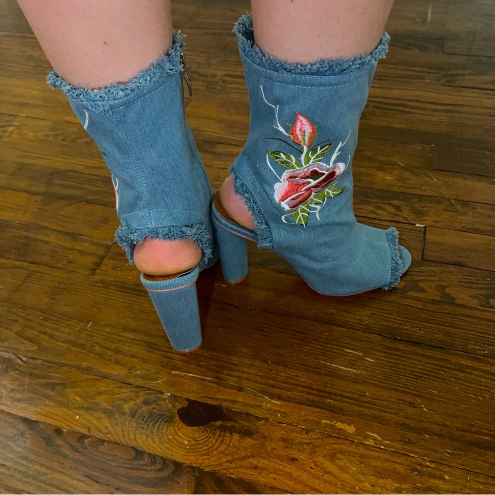 Denim Boot Heels with Flower Embroidery